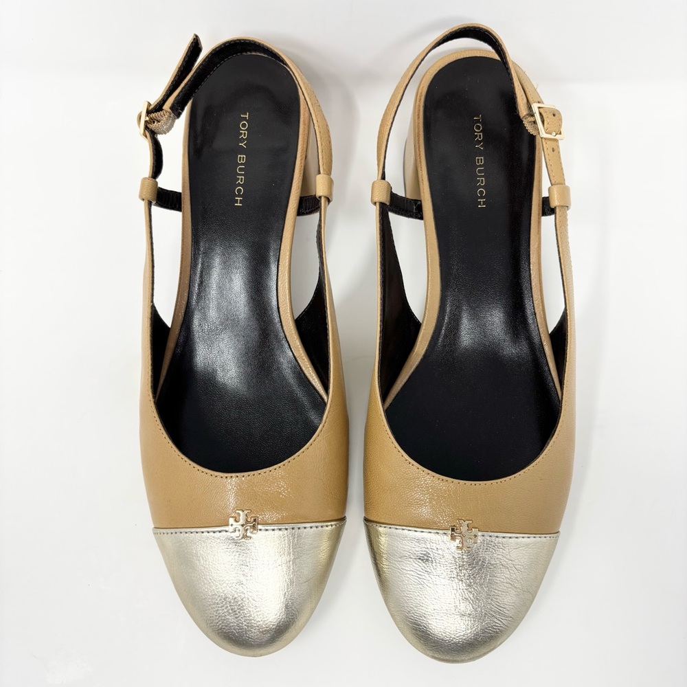 Tory Burch Logo leather slingback pumps Ginger Shortbread / Spark Gold Size 7.5